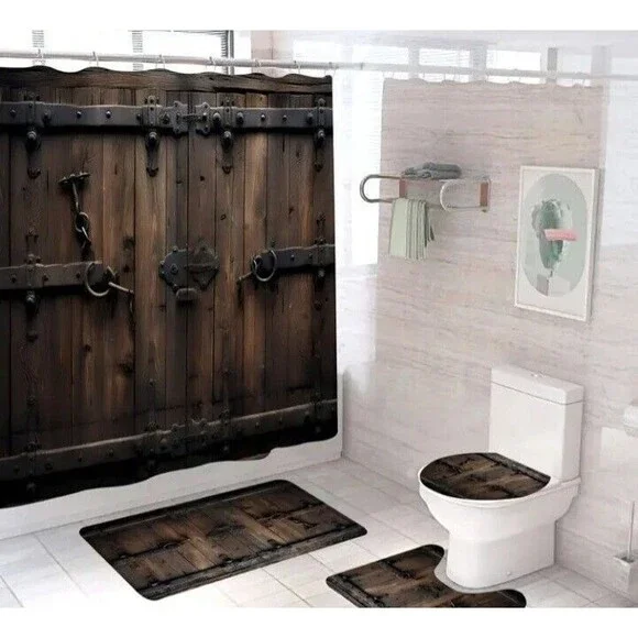 Wooden Door-4pcs (Shower Curtain/Bath Rug/U-Shape Mat/Toilet Cover)-(New Cond.) - Picture 2 of 14